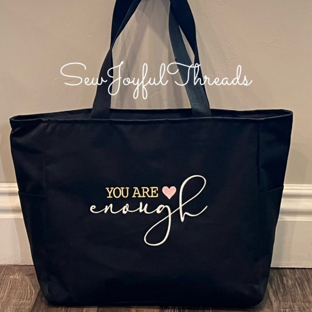 Embroidered You are Enough zippered Essential Tote Bible Book Bag Pink Heart - Picture 1 of 2
